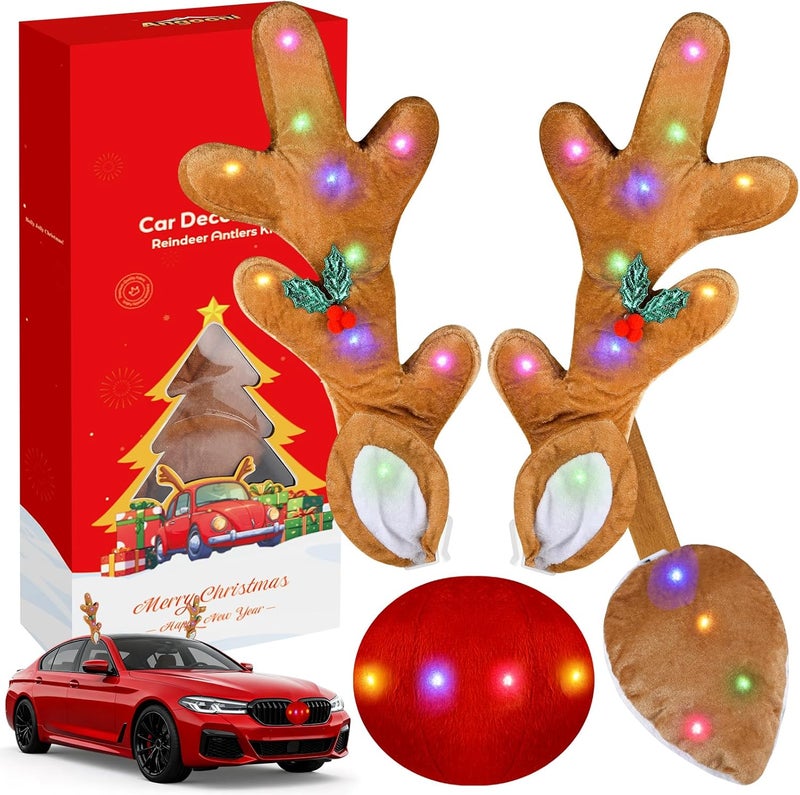 Angooni Christmas Car Decoration with Colorful LED Car Kit - 17 Inch Reindeer Antlers with Ears, Red Nose, and Tail - Exterior Accessories for Cars, Trucks, Jeeps, SUVs - Image 1